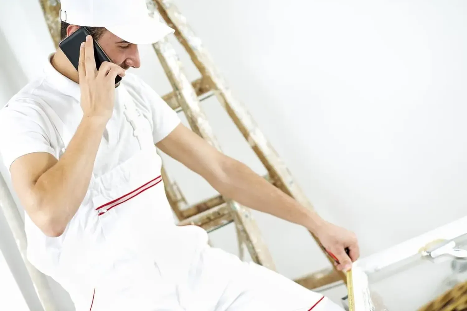 Max Pflughaupt - Hausmeisterservice - Junger Mann repariert Fenster. Junger Arbeiter nimmt Messungen für neue Fenster vor.