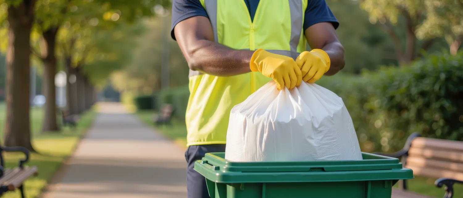 Max Pflughaupt - Hausmeisterservice - Müllabfuhrarbeiter mit Handschuhen und Warnweste, Umgang mit Müllsack, grüner Tonne, Parklandschaft, sonniger Tag, Zivildienst, Umwelt